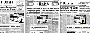 Les unes de l'Unità, organe du PCI, du 21 mars 1974, 7 mai 1974 et 1er août 1974. Chaque fois, la légende précise que la photo a été prise au camp de prisonniers de Pisagua.